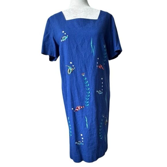 Country Concepts Blue Dress Fish Embroidery Linen Cotton SZ L - Picture 1 of 15